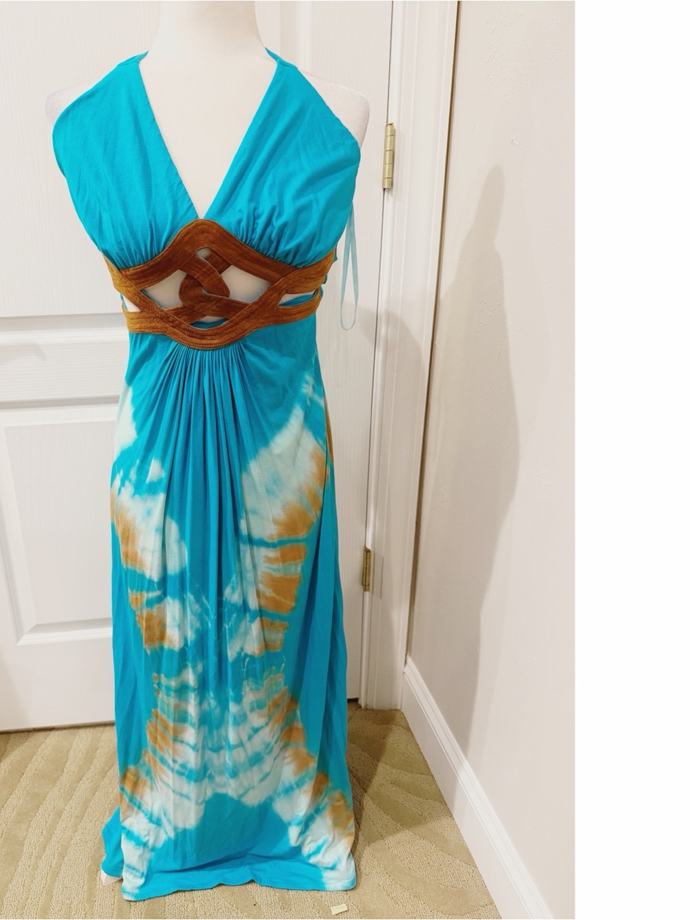 NWOT Sky Turquoise and Brown Suede Cut Out Maxi Dress